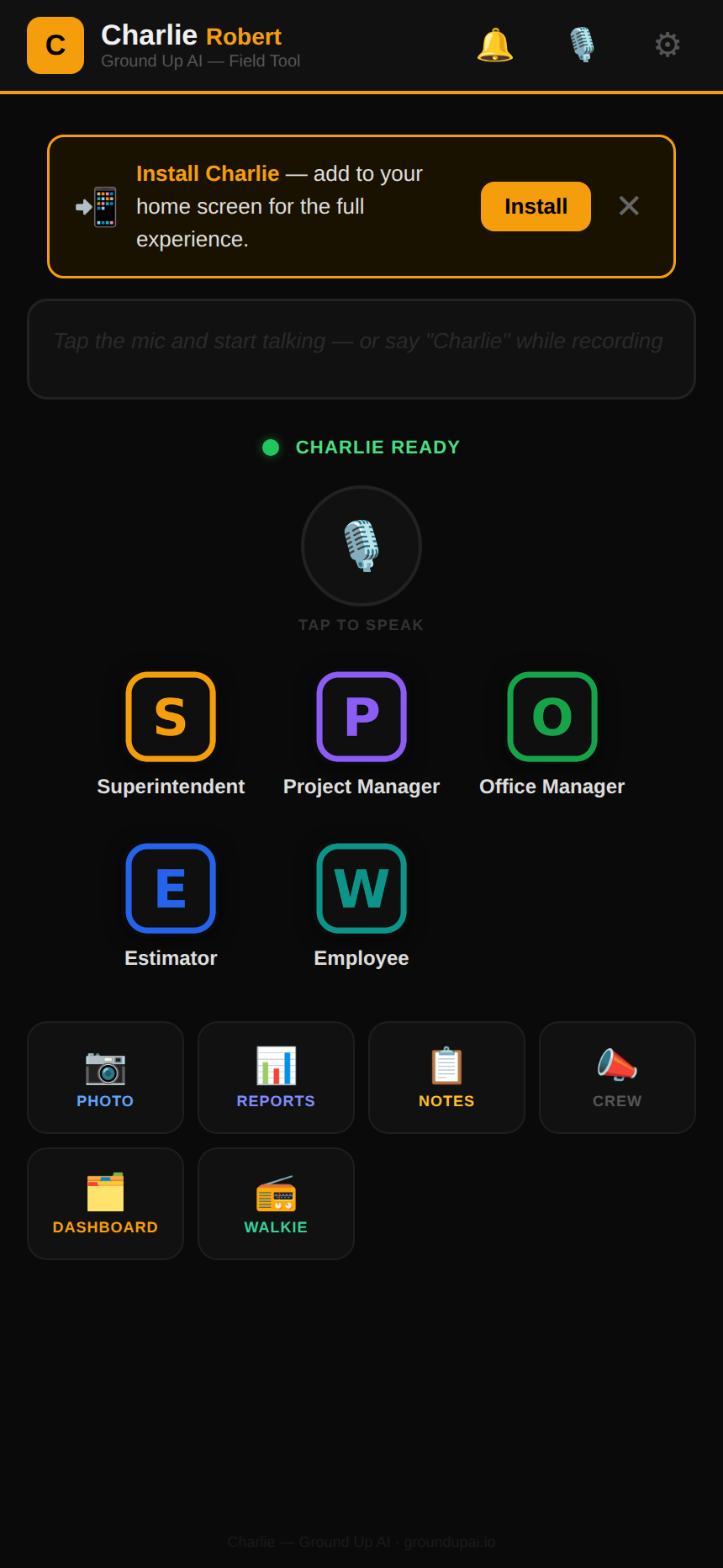 Charlie field app running on a phone — voice command, six role apps, and the field action bar