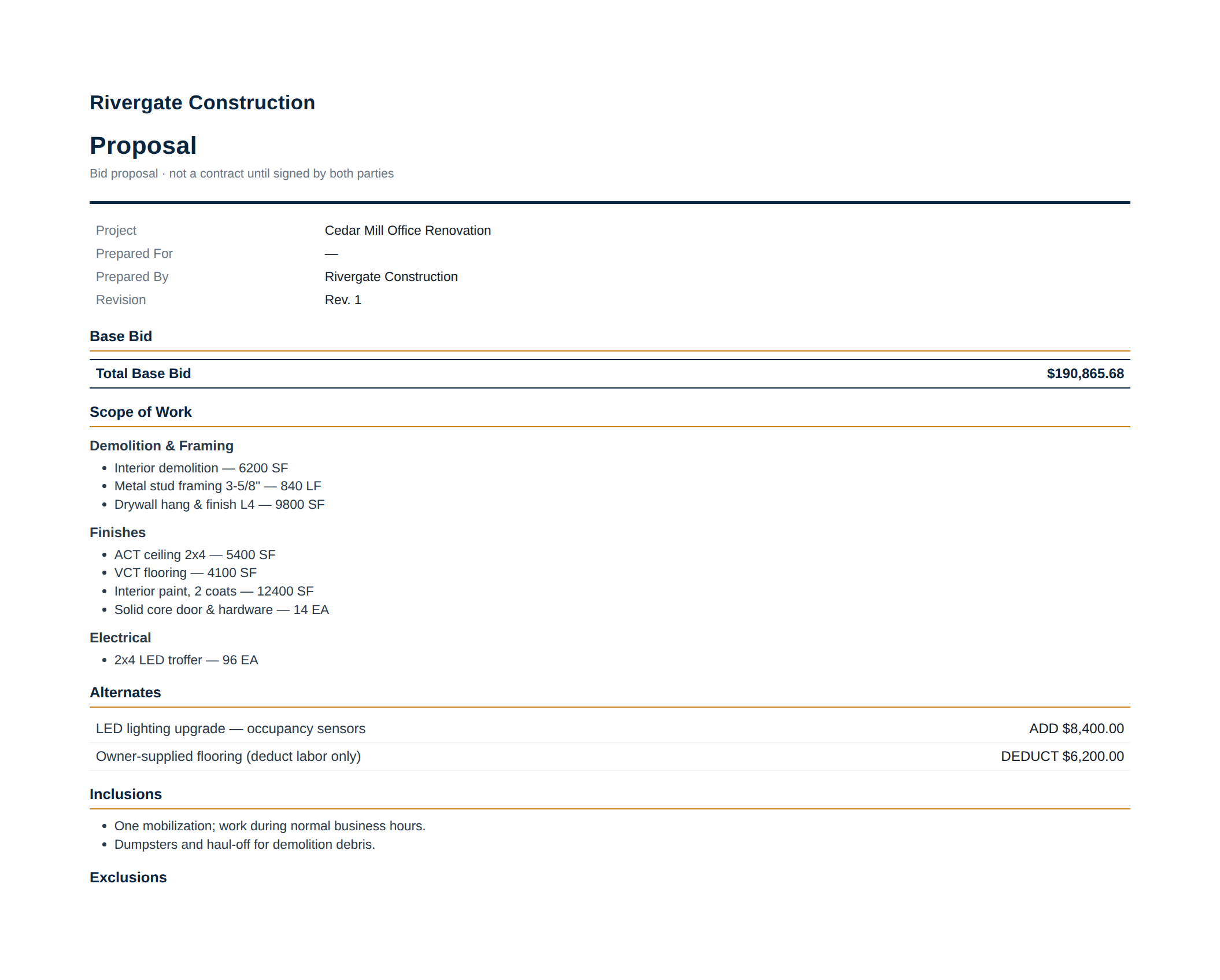 A branded construction bid proposal Charlie generated — total base bid, scope of work, alternates, inclusions and exclusions